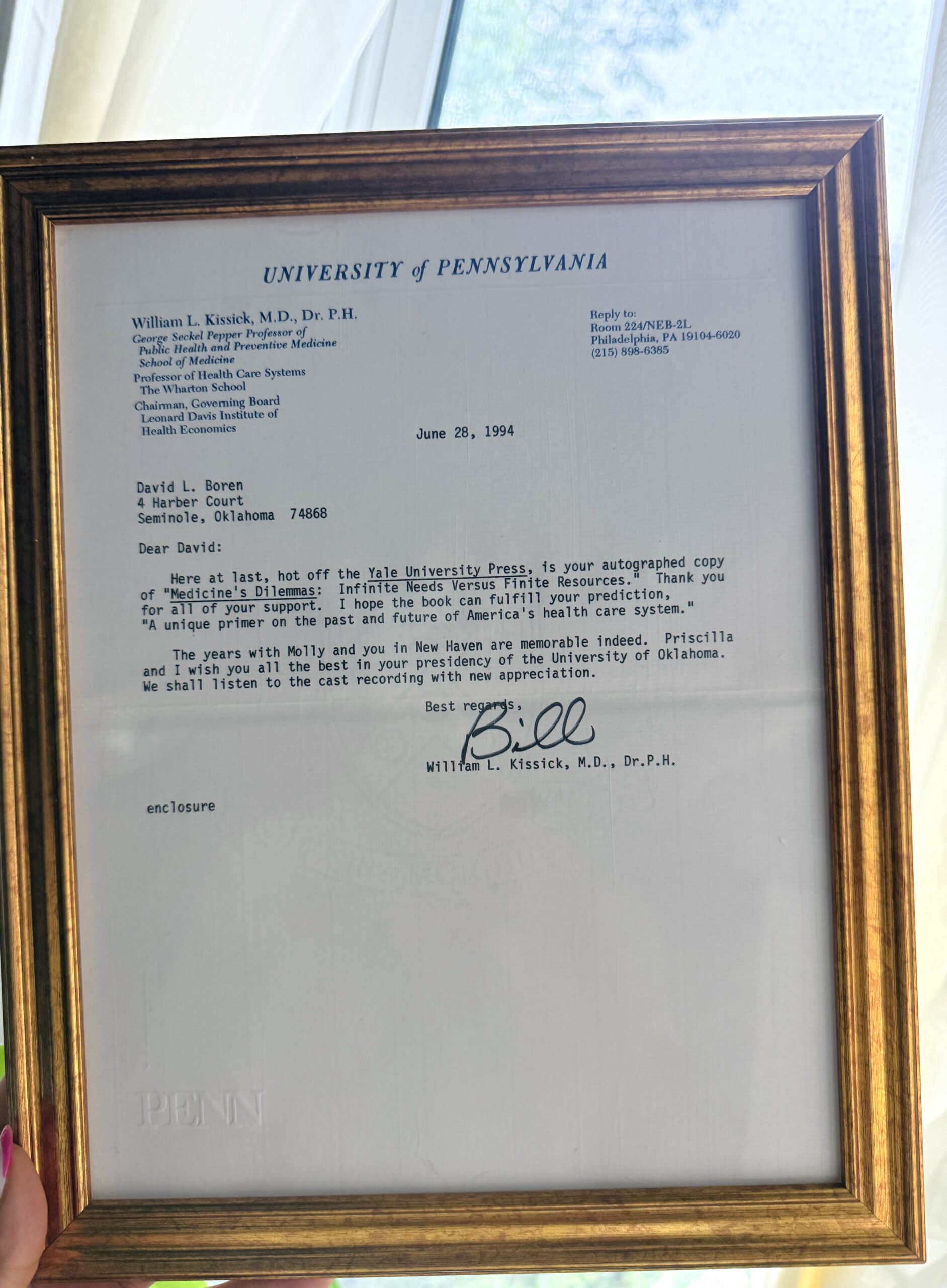 Framed letter dated June 28, 1994